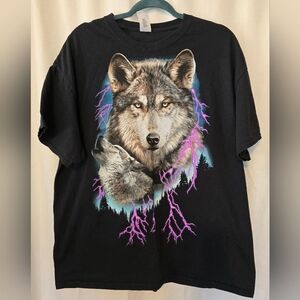Y2K 90s Gildan Vintage Black Short Sleeve Tee with Wolf Lightning Twilight XL